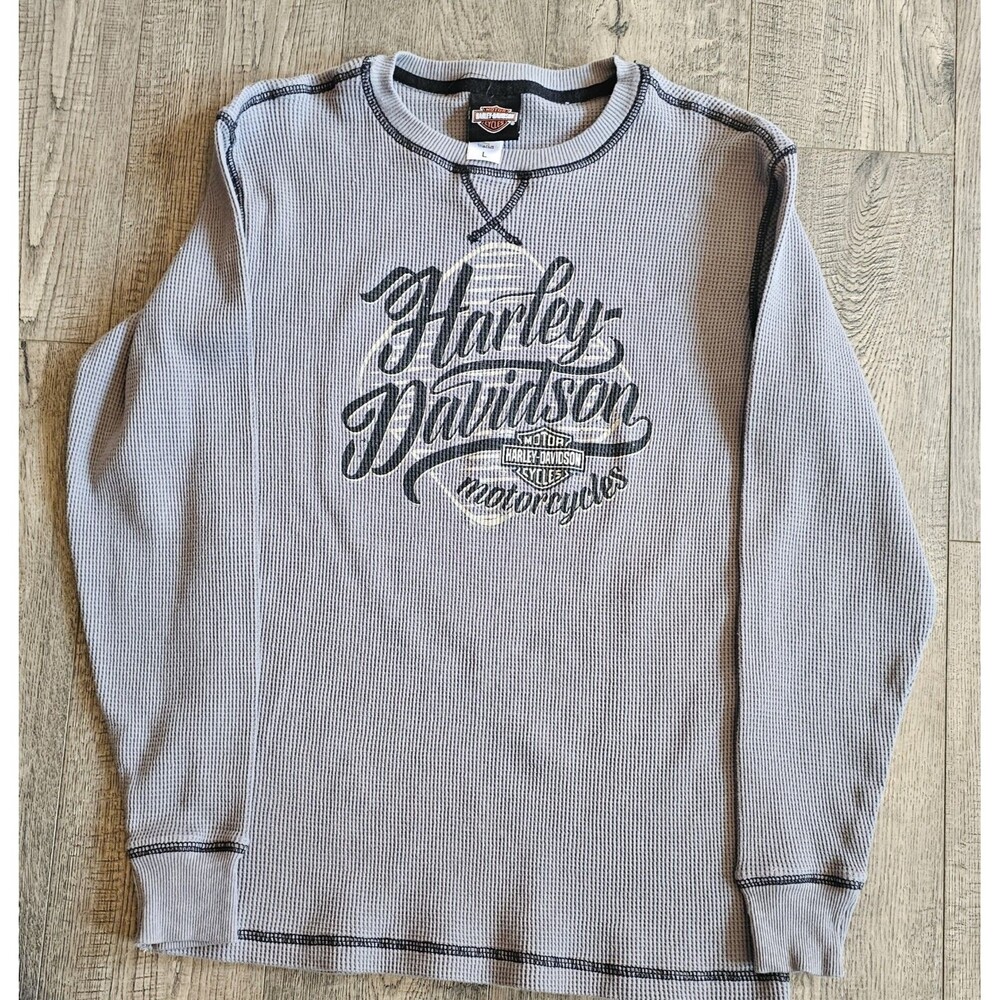 Harley-Davidson Waffle Knit Thermal Long Sleeve Top Gray  Embroidered L